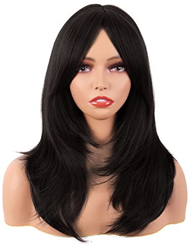 MapofBeauty 20 Pollice/50 cm Lungo Layered Con Frange Lisci Sintetico Fibra Shoulder Lunghezza Capelli per Quotidiano Parrucche (Nero)