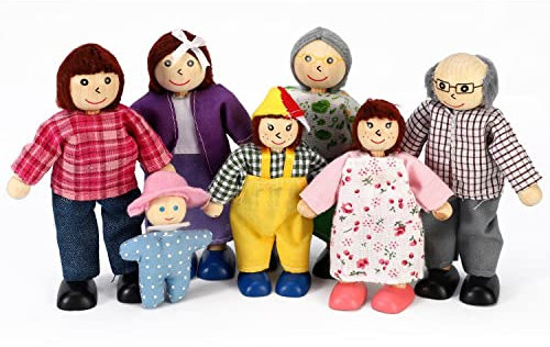 SOKA Set of 7 Happy Family Set Wooden Figures Dolls Play Set Accessories for Dollhouse Pretend Role Play Toy Set Children Kids Girls Boys 3 year old +