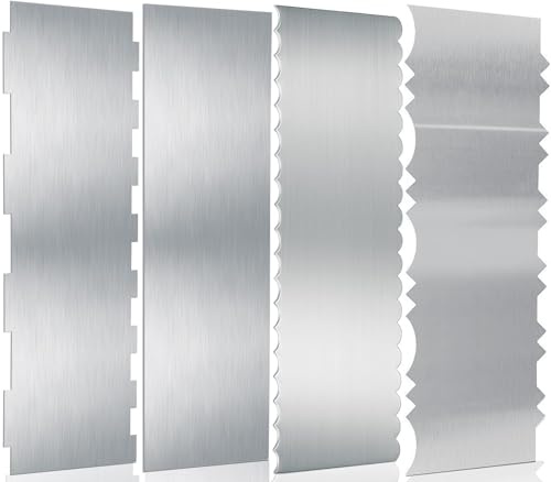 Stainless Steel Cake Scraper, 9 Inch Large Cake Smoother Scraper Contour Double Sided Patterned Edge Stripe Tool Pastry Cutter in 6 Patterns for Different Shapes of Comb Cake Edges (4 Pieces, 9 Inchs)