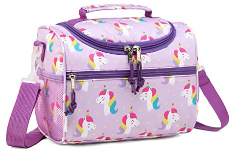 RAVUO Kids Lunch Bag Girls,6.5L Insulated Lunch Box,Purple Unicorn | BPA Free,3H Warm 2H Cold,Wipe-Clean Lining,Detachable Shoulder Strap,Water Bottle Pocket,School,Picnics,Travel