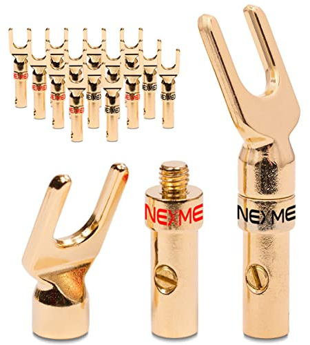 NEXMEX Kabelschuhe Gabelschuhe - 16 Stück Stecker als Set - Y-Anschluss Steckverbinder 24K vergoldet für Lautsprecherkabel - für HiFi Receiver Verstärker