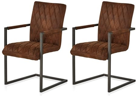 KHG 2er Set Esszimmerstühle mit Armlehnen Bezug aus Mikrofaser Wildleder-Optik braun, Freischwinger bis 110 kg, Küchenstuhl, Schwingstuhl, Polsterstuhl mit Wellenfederung