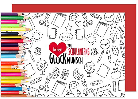 Edition Seidel Premium Glückwunschkarte zur Einschulung mit Umschlag. Einschulungskarte Grußkarte Karte zum Schulanfang Schuleinführung Schulstart Spruch Mädchen Junge1. Klasse Stifte (ES127 SW023)