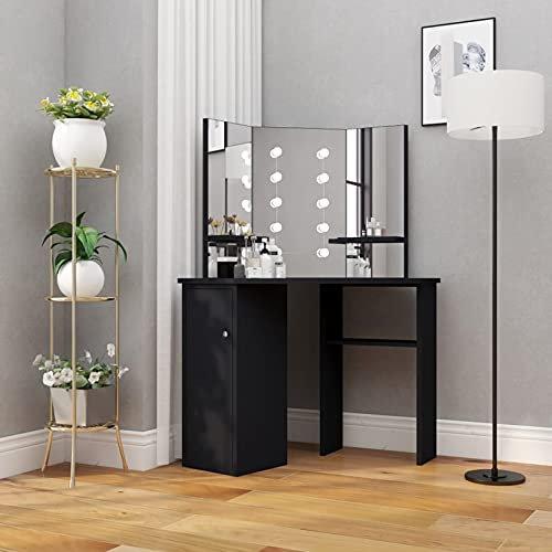 ZHOUMIN Eck-Schminktisch mit LED, Schminken Tisch, Frisiertisch, Kosmetiktisch, Schminkkommode, Schmink Tisch, Make Up Tisch, Schwarz 111x54x141,5 cm
