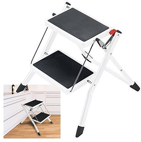 Folding Stepladder Mini 2 Step Ladder Compact Foldable 2 Step Stool with Safety Non Slip Matt and Rubber Feet Cover, Multi Purpose Ladder for Home Garden Kitchen