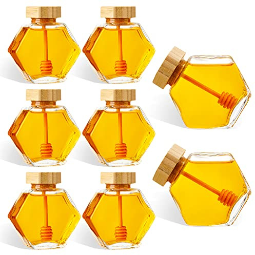 Sunnyray 8 Pcs Glass Honey Jars with Dipper Hexagonal Clear Glass Dispenser Small Honey Containers Bottle with Wooden Dipper and Cork Lid for Home Storage Kitchen (220 ml)