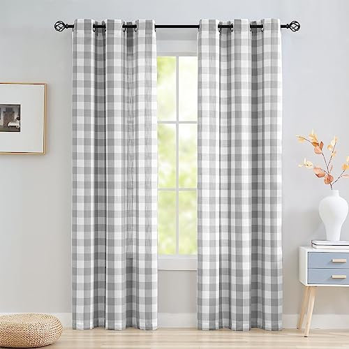 Abstractex Grey White Gingham Sheer Curtains 60x54 Inch for Bedroom Buffalo Check Linen Textured Semi Sheer Privacy Drapes for Living Room Light Filtering Wide Window Treatments 2 Pcs Eyelet