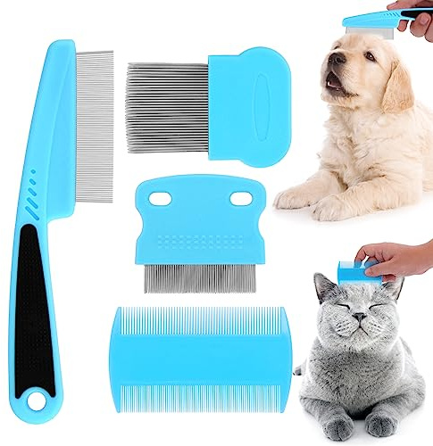 Molain Katze Hund Flohkamm, 4 Pieces Pet Reißen Fleck Entferner Kamm Set Pet Hund Katze Pflege Kamm (hellblau)
