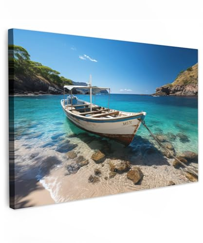 MuchoWow© Leinwand Groß XXL Deko Schlafzimmer Aesthetic Leinwandbilder | 120x80 cm - Wohnzimmer Gemälde Foto Geschenk Living Room Decoration Maritime - Boot - Wasser - Maritim - Berge - Natur