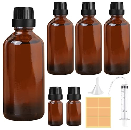 Furuising 4Pcs 100ml Amber Glass Bottles with 20ml Syringe, Funnel, Tube | Reusable Dropper Bottle with Black Caps with 2 * 10ml Empty Brown Small Bottles Screw Lid for Oils Perfume Aromatherapy