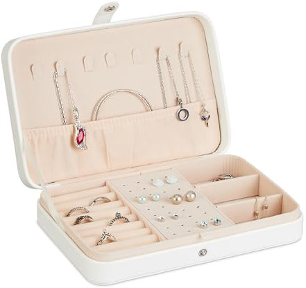 Relaxdays Valigetta Portagioie, Cofanetto Porta Gioielli da Viaggio, Organizer Anelli e Collane, 4,5x21x14,5 cm, Bianco