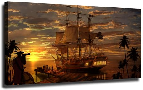 NGANOH Sail Boat Seaside Sunset Land Scape Viking Ship Beach Poster Canvas Print Painting Picture Wall Art Home Hallway Bedroom Living Room Decor (20x40 inch,unframe)