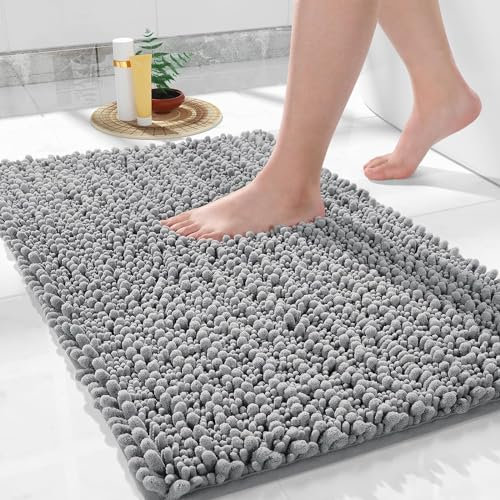 Yimobra Bathroom Mat, 43 x 61 cm, Luxury Chenille Shaggy Microfiber Bath Rugs, Extra Soft & Thick, Absorbent Water, Non-Slip, Machine Washable, Bath Mats for Bath Floor,Tub and Shower, Gray