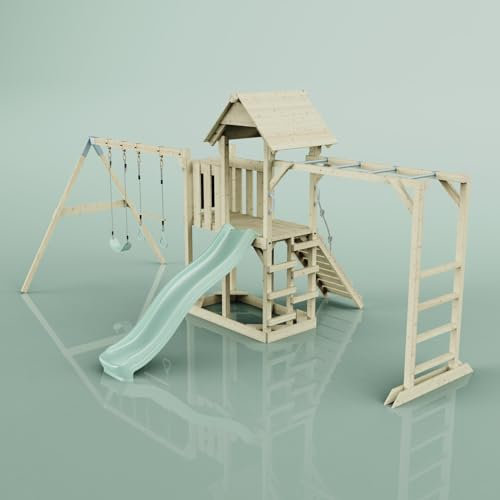 Rebo Klettergerüst aus Holz mit Wellenrutsche | Outdoor Spielturm mit Kinderschaukel, Trapezstange, Hangelstangen, Plattform und Kletterseil
