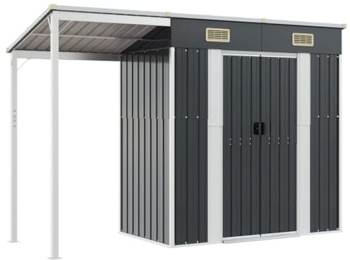 Gecheer Utomhusförvaring skjul metall trädgårdsverktyg skjul verktyg förvaring hus vedförvaring skjul utomhus cykel skjul med utökat tak och dörr antracit 277 x 110 x 181 cm stål