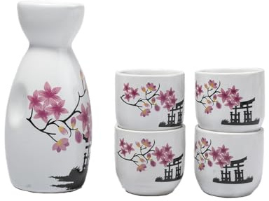 lachineuse – Servicio de Sake Tradicional – Pagoda y Flores de Cerezo – con 4 Cuencos y Jarra – Regalo de vajilla asiática – Servicio Sake Tradicional Porcelana Japonesa – Idea de Regalo asiática