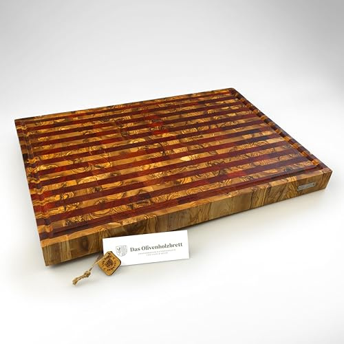 DAS OLIVENHOLZBRETT® Exclusiva tabla de cortar de madera de olivo con surco para savia, madera de olivo, maciza, rectangular, canaleta (60 cm x 41 cm x 4,5 cm)