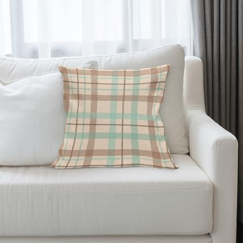 ABAKUHAUS Plaid Kissenbezug, Schottischer Land-Art-Tartan mit abstrakten Entwurfs-diagonalen gestreiften Linien, Kissenhülle mit Reißverschluss Beidseitiger Druck, 60 x 60 cm, Brown Mint Green Beige