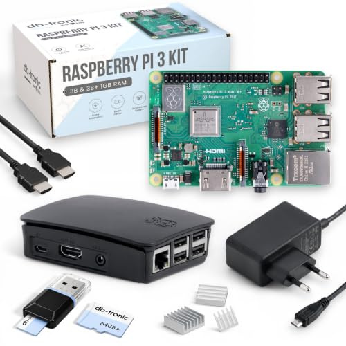 db-tronic Raspberry Pi 3 B+ 1GB Starter Set | 64GB Edition | Netzteil | Gehäuse | Kühlkörper | 4K HDMI Kabel | Ideal für Smart Home, Retro Gaming & DIY Projekte