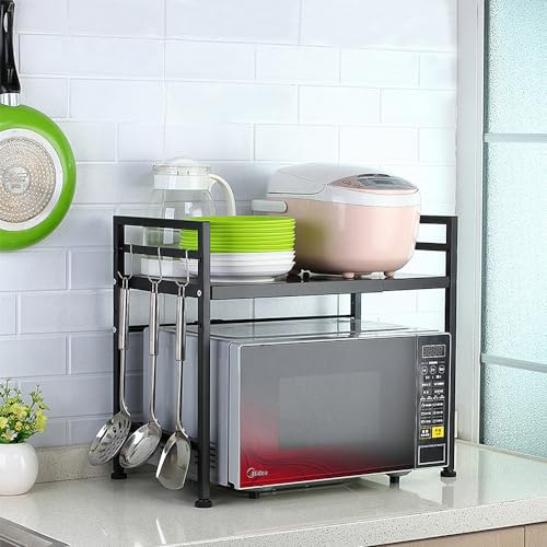 XUANYU Halterung für Mikrowelle, ausziehbar, Halterung für Mikrowelle, aus Metall, Küchenregal mit Haken, Kunststoff, Regal für Küche, verstellbar bis 25 kg (1, schwarz, 2 Ebenen)