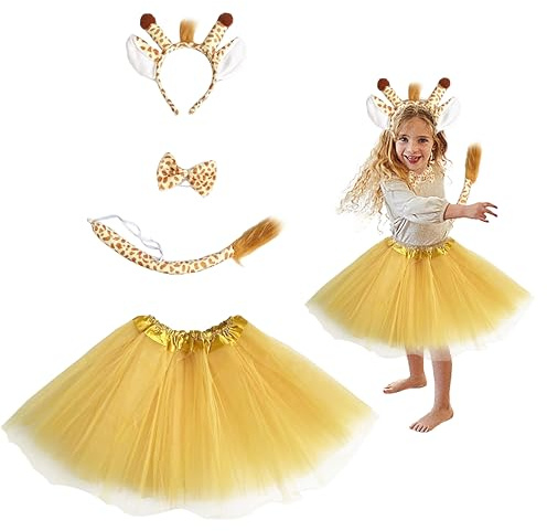 WanderGo 4Pcs Giraffe Costume Set, Animal Costume Kids with Giraffe Headgear Tail Tie Tutu, Fancy Dress for Kids & Toddlers for Birthday Carnival Halloween Party Fancy Dress Cosplay Accessories
