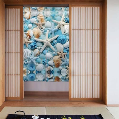 BROLEO Dekorieren Sie Türvorhang, Set mit 2 Vorhängen, Paneele/Raumverdunkelung, Verdunkelungsvorhänge für Schlafzimmer, 142 x 86 cm, Ozean, Meer, Strand, Muscheln, Seestern, blaues Bild
