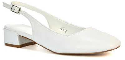 Women's Square Toe Slingback Court Shoes Ladies Block Heel White Synthetic Leather Ankle Strap Dress Pumps Size 5
