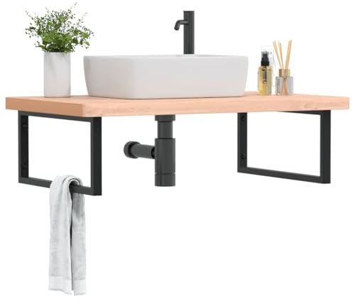 INLIFE étagère de Vasque Murale Acier et Bois Massif de hêtre Meubles,Armoires,Meubles de Rangement,Meubles-lavabos,Meubles-lavabos de Salle de Bains Brun 23.38KG