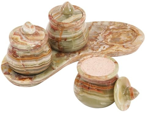 Marble Salt Cellar with Lid 3.5 Inch Natural Green Onyx Stone Salt Holder with Tray Set of 3, Stylish Countertop Jar for Spices, Sugar, Seasoning, Condiments & Dining Table Use