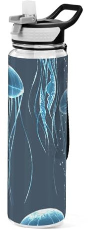Mnsruu Transparente Sport-Wasserflasche mit Strohhalm, auslaufsichere Trinkflasche, Quallen, Fahrradflaschen für Sport, Büro, Schule, BPA-freier Tritan-Kunststoff, 1 Liter