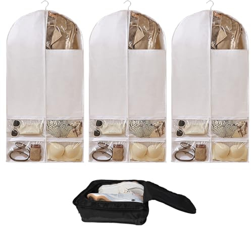 Zythrem 3 Stück Kleidersäcke mit 4 Taschen 60x120cm Kleidersack Mottensicher +1 Stück Schuh-Organisator Kleiderschutzhülle mit Reißverschluss Kleiderhüllen für Tänzer Reisen Aufführungen Wettbewerbe