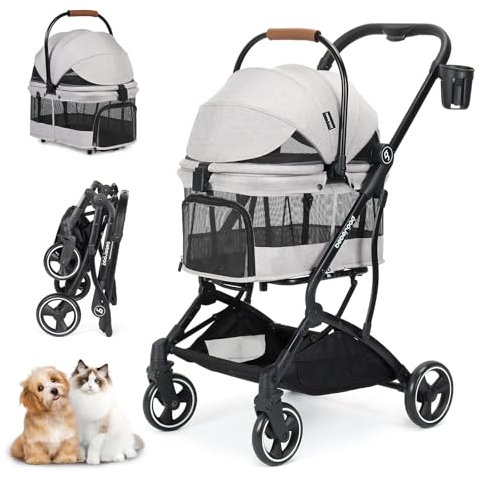 Beberoad T3 3-in-1 Haustier-Kinderwagen Hundewagen für kleine mittelgroße Hunde Katzen unter 20 kg, Faltbarer Haustierwagen Hundewagen, abnehmbare Tragetasche mit Pad und Getränkehalter, Grau