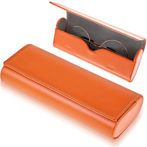 COMNICO Brillenetui Hardcase, Hartschalen-Brillenetui, Tragbares Sonnenbrillenetui, Leichtes Brillenetui aus PU-Leder Schmales Lesebrillenetui Reise-Metallbrillenetui für Damen und Herren(Orange)