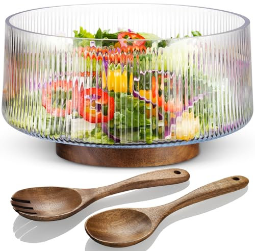 NiHome Extra Large 4500ML Glass Salad Bowl with Natural Acacia Wood Base & Wooden Salad Servers for Family Dinners, Parties, Gatherings, Multipurpose Oversized Glass Bowl for Salads