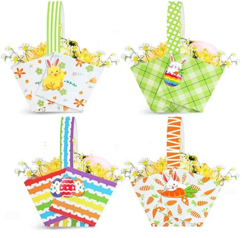 Zmupl 4pcs Easter Crafts Baskets DIY for Kids, Easter Egg Hunt Paper Baskets with Handles Children Party Favour Gift Boxes Sweet Candy Chocolate Bags with Colorful Easter Bunny Egg Patterns