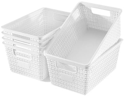 Plastic Storage Baskets For Organizing, 6 Pack Organization and Storage Containers, Storage Baskets for Shelves Drawers Desktop Closet Playroom Classroom Office, White