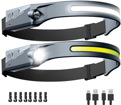 HyperDolphin Lampada frontale ricaricabile a LED (confezione da 2, grigio), fascio largo 230°, USB-C, leggera, lunga durata, resistente all'acqua per campeggio, escursionismo, corsa, pesca, lavori di