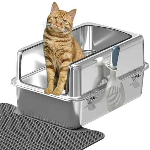 Youyijia XXL Katzentoilette Edelstahl, 30L Katzentoilette mit spritzwassergeschützt Deckel, großem Metall-Streubehälter, Streumatte und Streuschaufel, große und mittelgroße Katzen, 59,5 x 39,5 x 30 cm