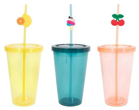 YöL Pack of 3 Plastic Drinks 725ml Tumblers With Straws Lids Summer Outdoor Picnic Orange Blue Yellow Reusable Cocktails Party