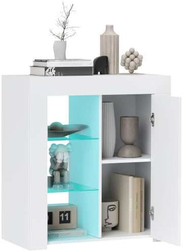 HOMCOM Mobile per Soggiorno a Luci LED 3 Ripiani Vetro 75x40.1x83 cm Bianco | Aperti Regolabili, Armadietto a 2 Livelli, Credenza Madia da Salotto Moderna, in Truciolato, per Ingresso
