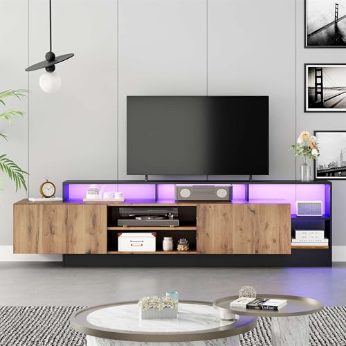 Meuble TV Moderne avec Rangement, Meuble de Salon avec Éclairage LED, Support pour Télévision jusqu'à 70 Pouces, Design Élégant avec Portes à Cylindres Hydrauliques et Étagères Ouvertes