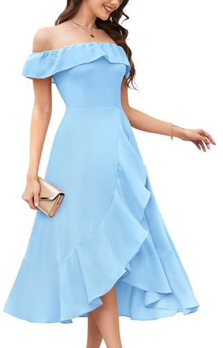 Aupuls Off The Shoulder Formal Wedding Guest Dresses Chiffon High Low Bridesmaid Dress AUPG018 Lightblue L