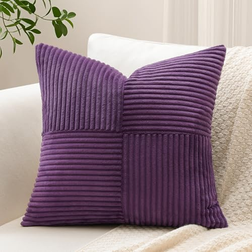 Sungeek 1 Stück Cord Kissenbezug, Kreuz Streifen Muster Kordsamt Kissenbezüge Sofakissen Dekokissen Patchwork Design Deko Zierkissenbezüge Kissenhülle für Wohnzimmer (40x40cm, Violett)