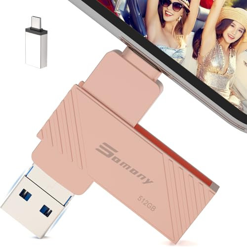 USB Stick 512GB for iPhone,4 in 1 USB Stick Lightning and 3.0 Stick,Flash Drive with Plug and Play Backup for Photos & Videos, Fast Transmission, Photo Stick for iPhone/iPad/Android/PC/Mac - Rosa