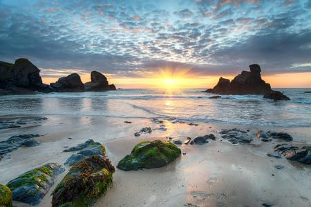 Acryl-Bild 110 x 70 cm: Sonnenuntergang in der Porthcothan Bay, eine sandige Bucht an der Nordküste von Cornwall zwischen Newquay und Padstow (29421714)