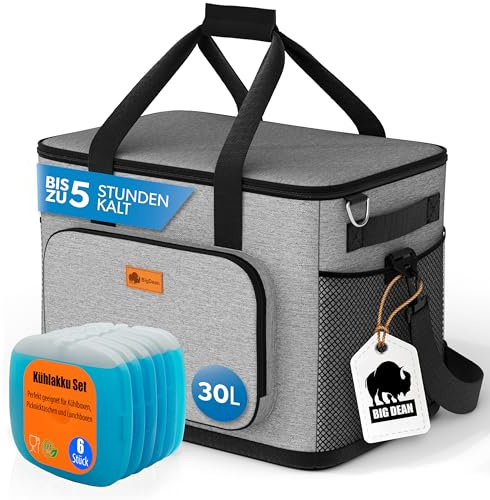 Kühltasche groß 30L + 6 Mini Kühlakkus – perfekt als Picknicktasche & Lunchtasche von BigDean