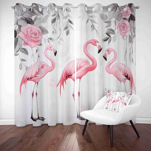 LLponhg Animal Print Flamingos Blackout Curtains for Living Room Gray Curtain for Bedroom Soundproof Thermal Black Out Curtains for Kids Teens Room, Set of 2 Panels W 46 x L 54