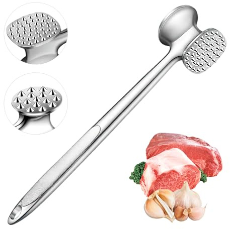 Ablandador de Carne Acero Inoxidable, Mazo para Carne Doble Cara, Martillo Carne Cocina Con Mango Antideslizante 24.5 cm Hecho de Acero Inoxidable para Bistec, Escalope, Chuletas, Cerdo, Pollo