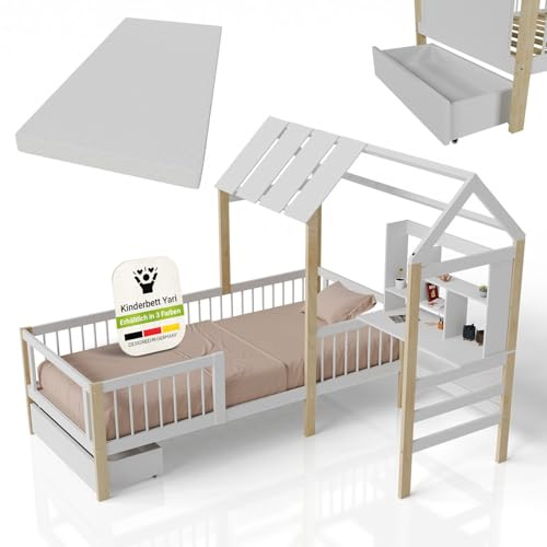 Juskys Kinderbett Yari 90x200 cm mit Schreibtisch, Schublade, Rausfallschutz, Lattenrost & Matratze - Hausbett aus Massivholz - Weiß/Natur