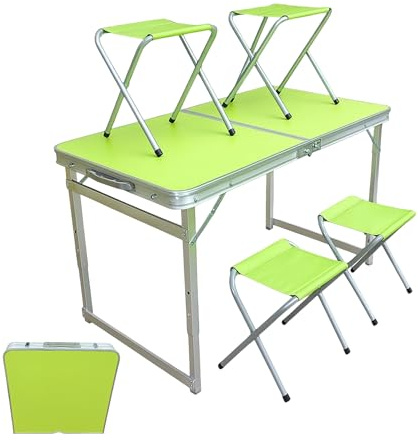 Generisch Campingtisch Set mit 4 Hockern – Faltbarer Aluminium Klapptisch 120 x 60 cm – Höhenverstellbar 54/61/71 cm – Tragbarer Picknicktisch als Koffer – Camping, Garten, Balkon, Festival & Outdoor